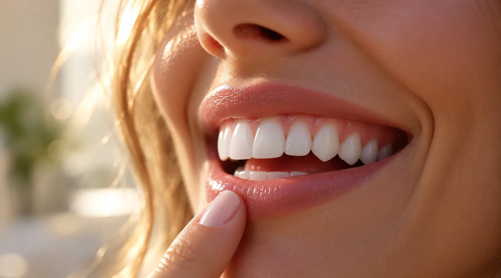 Sourire éclatant d’une patiente, en gros plan